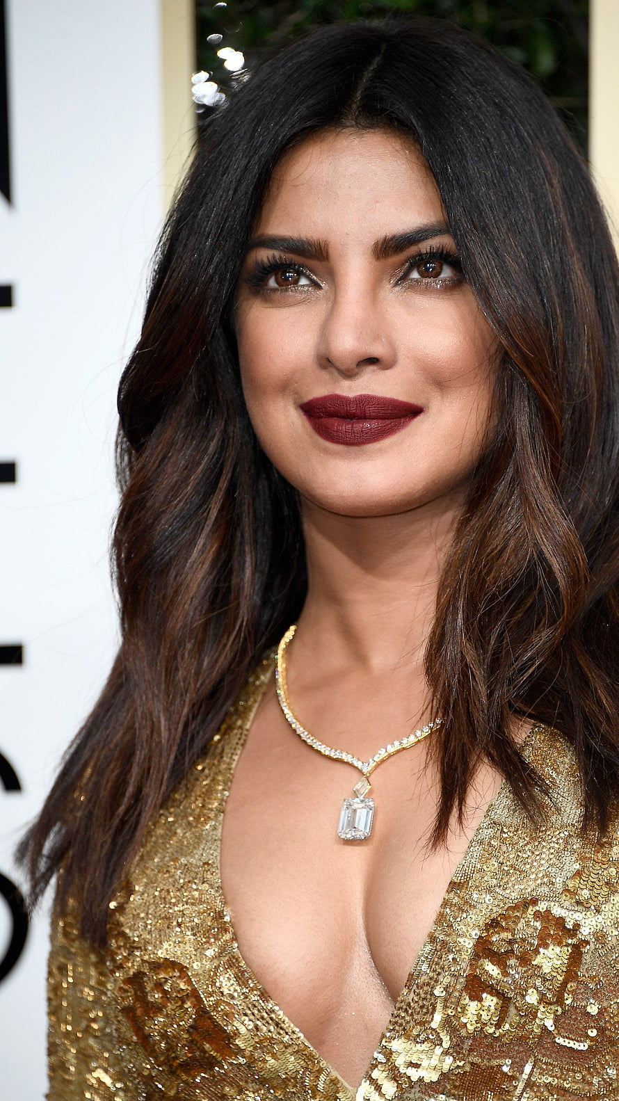 Priyanka Chopra in Gold Sequined Gown with Diamond Necklace at Red Carpet Event HD phone wallpaper