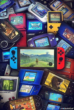Retro Gaming Console Collection Featuring Nintendo Switch, Game Boy, and PSP Handhelds HD phone wallpaper