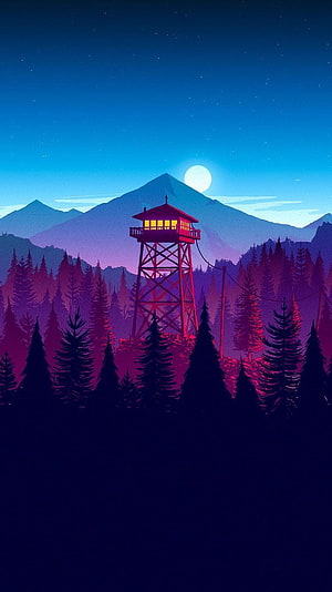 Stylized Fire Tower in Pine Forest at Night with Full Moon and Mountain Range HD phone wallpaper
