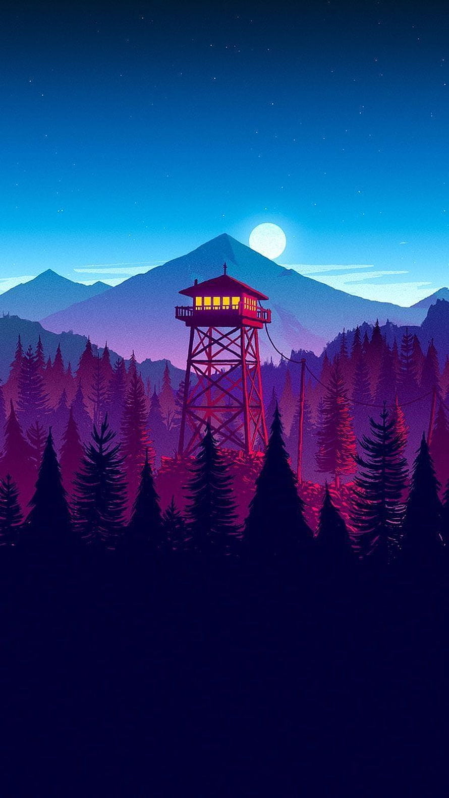 Stylized Fire Tower in Pine Forest at Night with Full Moon and Mountain Range HD phone wallpaper