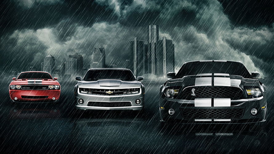 Dodge Challenger, Chevrolet Camaro, and Ford Mustang Shelby GT500 in a Dramatic Rainstorm HD wallpaper