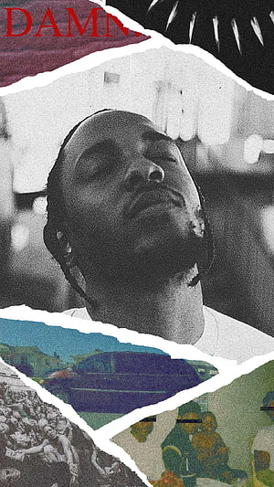 Kendrick Lamar DAMN Album Artwork Collage with Grayscale Portrait and Torn Paper Design HD phone wallpaper