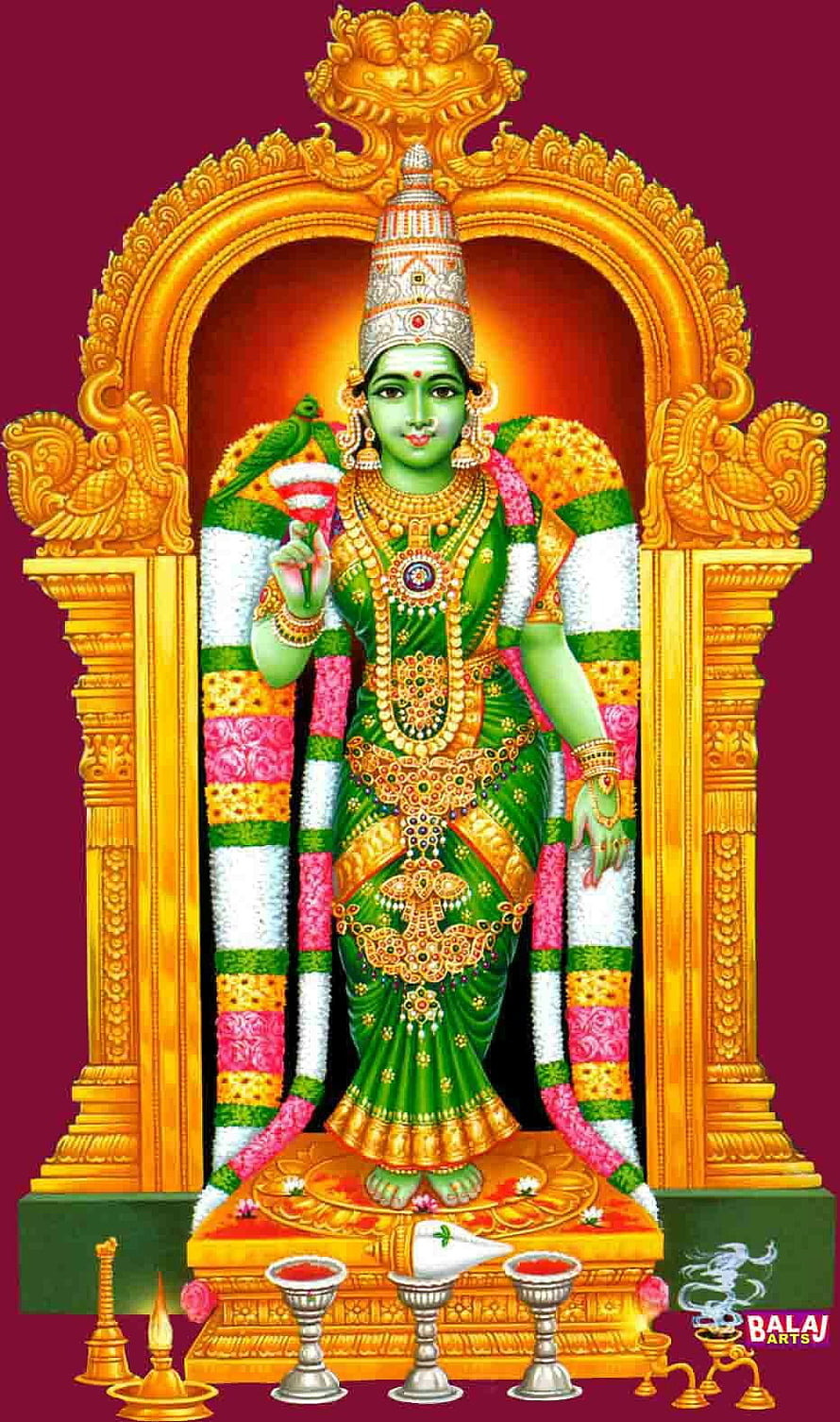 Meenakshi Amman Temple Deity Illustration in Green Saree with Gold Jewelry and Ornate Arch HD phone wallpaper