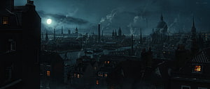 Victorian London Cityscape at Night with Full Moon and Industrial Smoke HD wallpaper