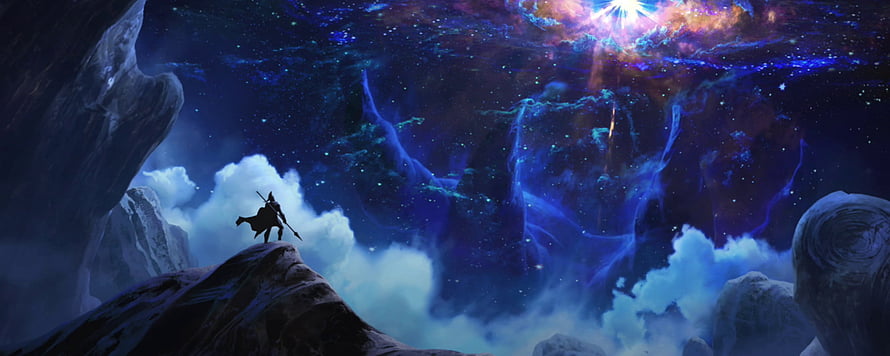 Pantheon and Aurelion Sol from League of Legends Gazing at a Cosmic Nebula HD wallpaper