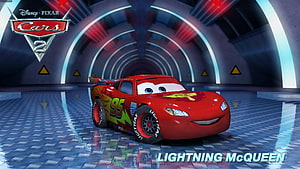Lightning McQueen from Cars 2 in a Futuristic Tunnel with Neon Lighting HD wallpaper