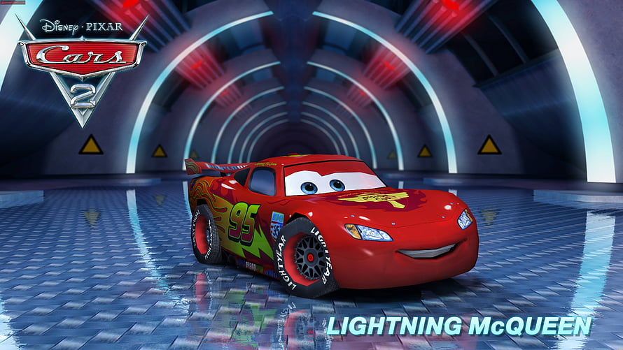 Lightning McQueen from Cars 2 in a Futuristic Tunnel with Neon Lighting HD wallpaper