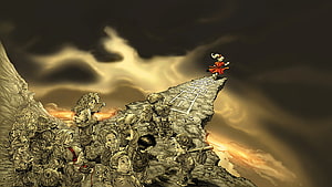 Follow the Leader Concept Art: Girl in Red Dress on Cliff Edge with Crowd Below HD wallpaper