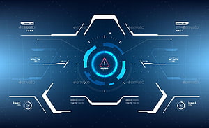 Futuristic Blue HUD Interface with Central Warning Alert and Digital Data Elements HD wallpaper