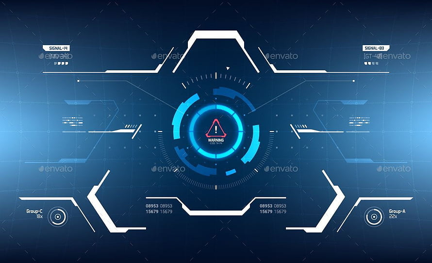 Futuristic Blue HUD Interface with Central Warning Alert and Digital Data Elements HD wallpaper