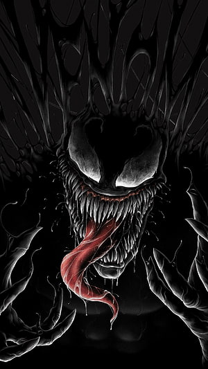 Venom Black Symbiote Portrait with Sharp Teeth and Red Tongue on Dark Background HD phone wallpaper