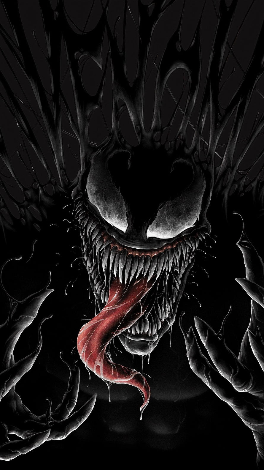 Venom Black Symbiote Portrait with Sharp Teeth and Red Tongue on Dark Background HD phone wallpaper