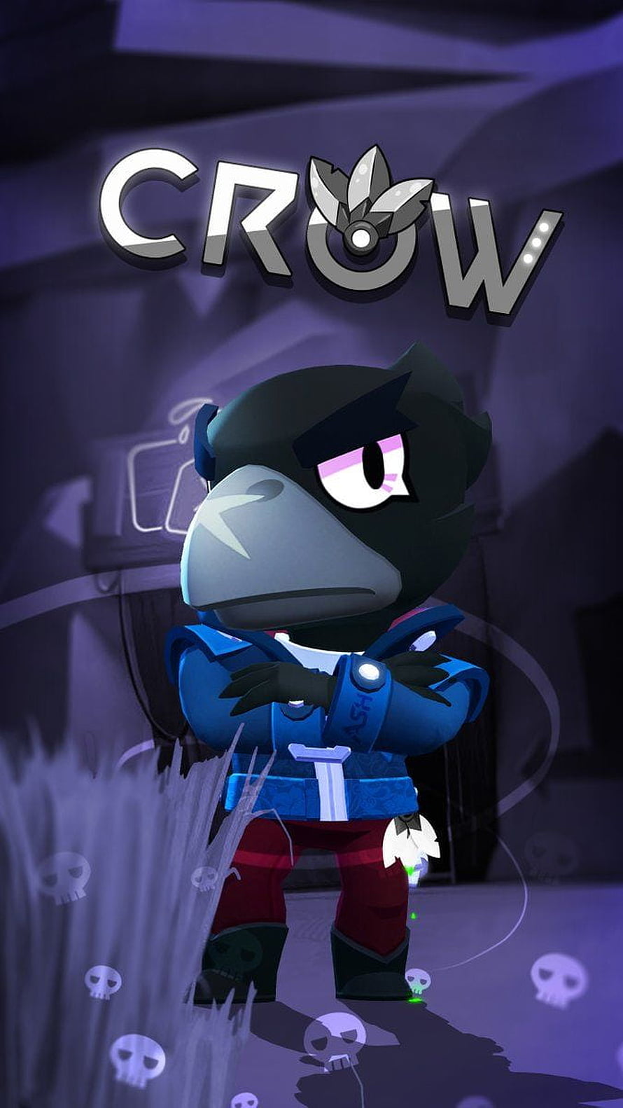 Crow Character from Brawl Stars in Dark Urban Setting with Skulls HD phone wallpaper