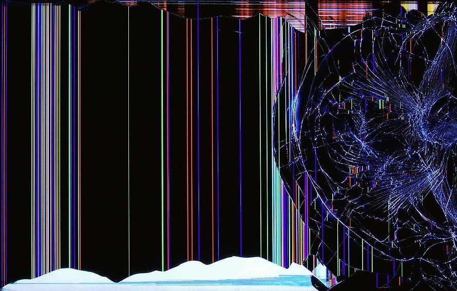 Abstract Glitch Art with Vertical Color Stripes and Cracked Glass Texture on Black Background HD wallpaper