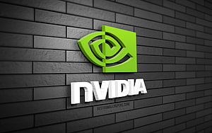 NVIDIA 3D Logo on Dark Gray Brick Wall with Green Eye Emblem and White Text HD wallpaper