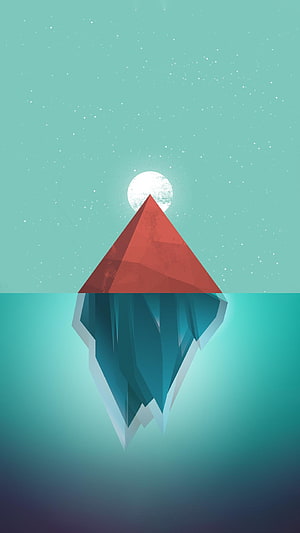 Minimalist Geometric Iceberg with Red Peak and Moon in Teal Sky HD phone wallpaper