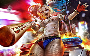 Harley Quinn Wielding Baseball Bat Amid Explosions in DC Comics Artwork HD wallpaper
