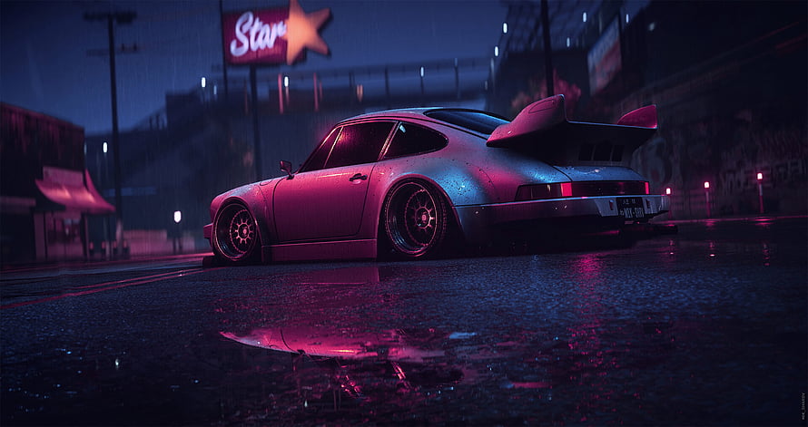 Porsche 911 Carrera RSR parked on a rain-slicked street under neon city lights at night HD wallpaper