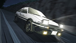 White Toyota AE86 Trueno Drifting on a Night Road in Initial D Anime Style HD wallpaper