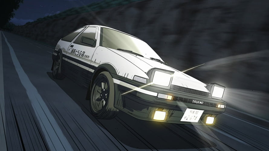 White Toyota AE86 Trueno Drifting on a Night Road in Initial D Anime Style HD wallpaper