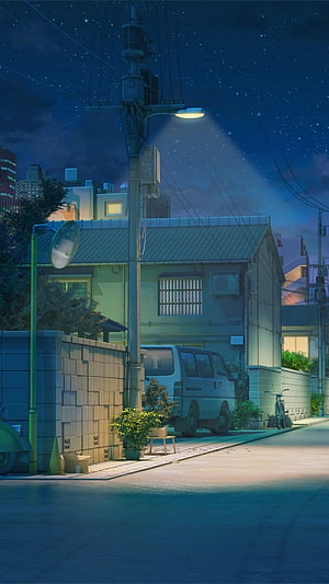Quiet Japanese Residential Street at Night with Starry Sky and Streetlight HD phone wallpaper