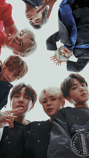BTS Members Looking Down From Above in a Circle With Starry Background HD phone wallpaper