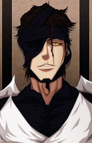 Sosuke Aizen Portrait from Bleach Anime with Black Bandage and Golden Eye HD phone wallpaper