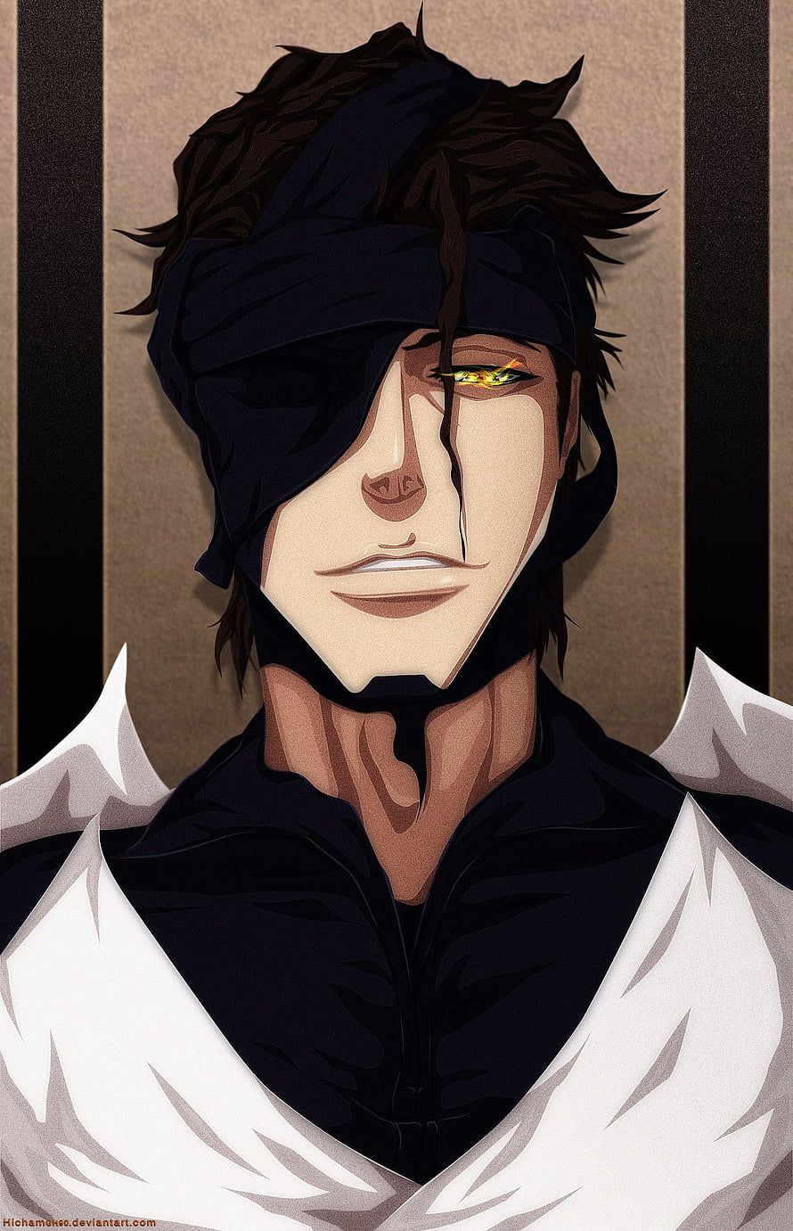 Sosuke Aizen Portrait from Bleach Anime with Black Bandage and Golden Eye HD phone wallpaper