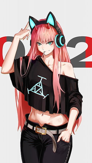 Zero Two from Darling in the Franxx in a Black Off-Shoulder Crop Top and Cat Ear Headphones HD phone wallpaper