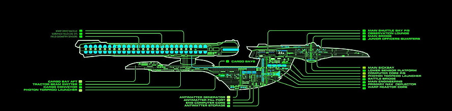 Star Trek Starship Schematic Diagram with Green Holographic Labels HD wallpaper