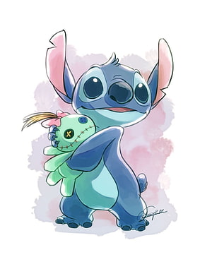 Stitch Holding a Green Plush Toy in a Soft Watercolor Illustration HD phone wallpaper