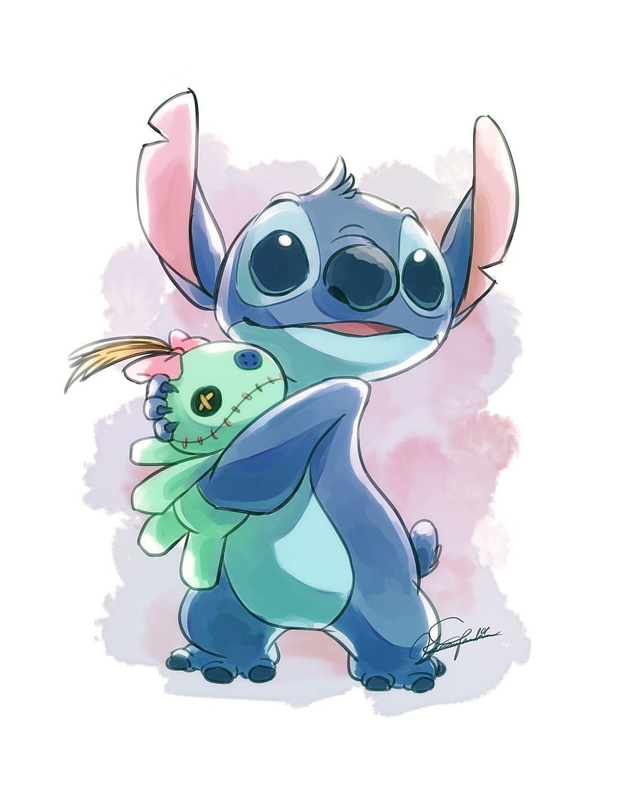 Stitch Holding a Green Plush Toy in a Soft Watercolor Illustration HD phone wallpaper
