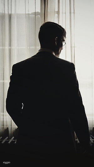 Peaky Blinders Tommy Shelby Silhouette Standing in Front of Sheer Curtains HD phone wallpaper