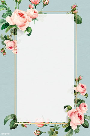 Elegant Pink Rose Floral Frame with Gold Border on Soft Blue Background HD phone wallpaper