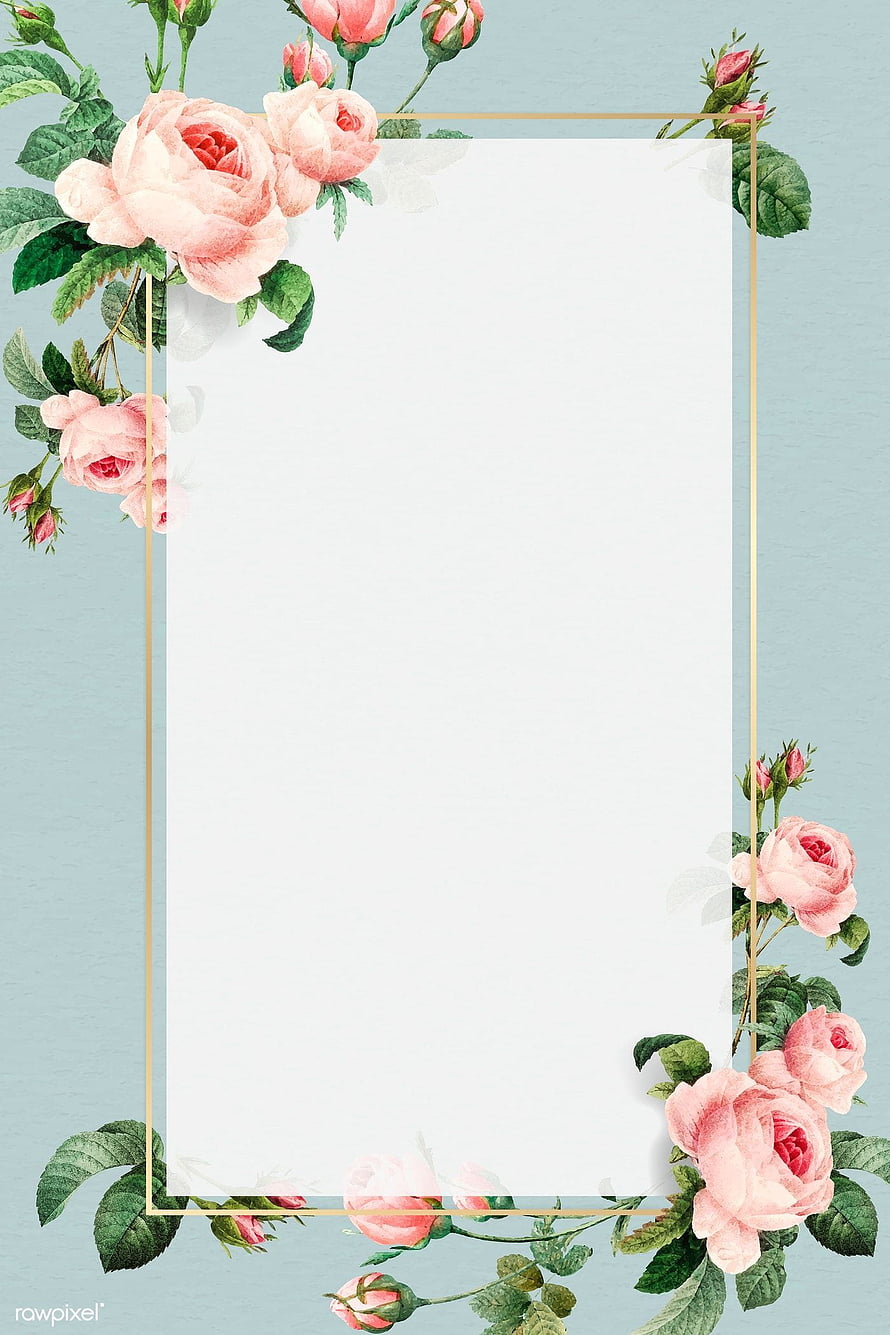 Elegant Pink Rose Floral Frame with Gold Border on Soft Blue Background HD phone wallpaper
