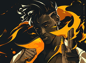Phoenix Valorant Character Artwork with Fiery Orange Flames and Intense Expression HD wallpaper