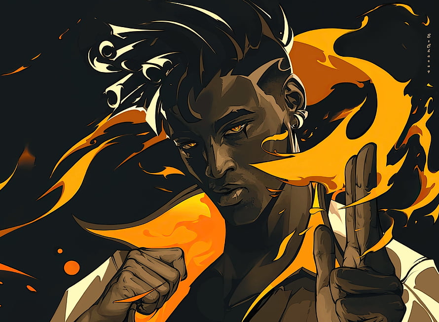 Phoenix Valorant Character Artwork with Fiery Orange Flames and Intense Expression HD wallpaper