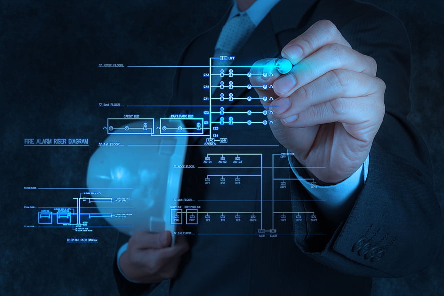 Engineer Interacting with Holographic Fire Alarm Riser Diagram and Technical Schematics HD wallpaper