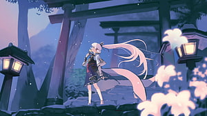 Kamisato Ayaka from Genshin Impact Standing in a Moonlit Inazuma Shrine HD wallpaper