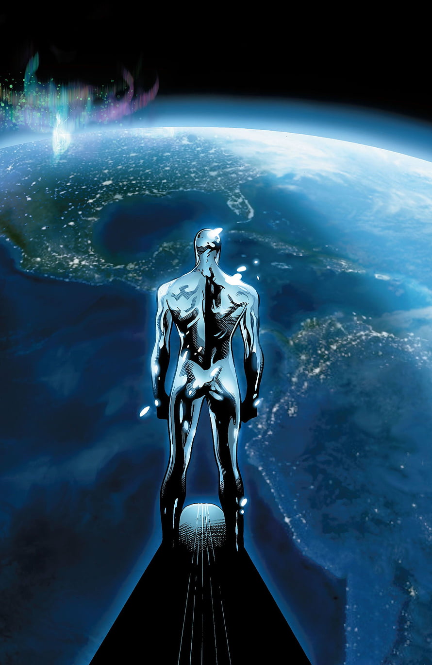 Silver Surfer and Galactus Floating Above Earth in Cosmic Space HD phone wallpaper