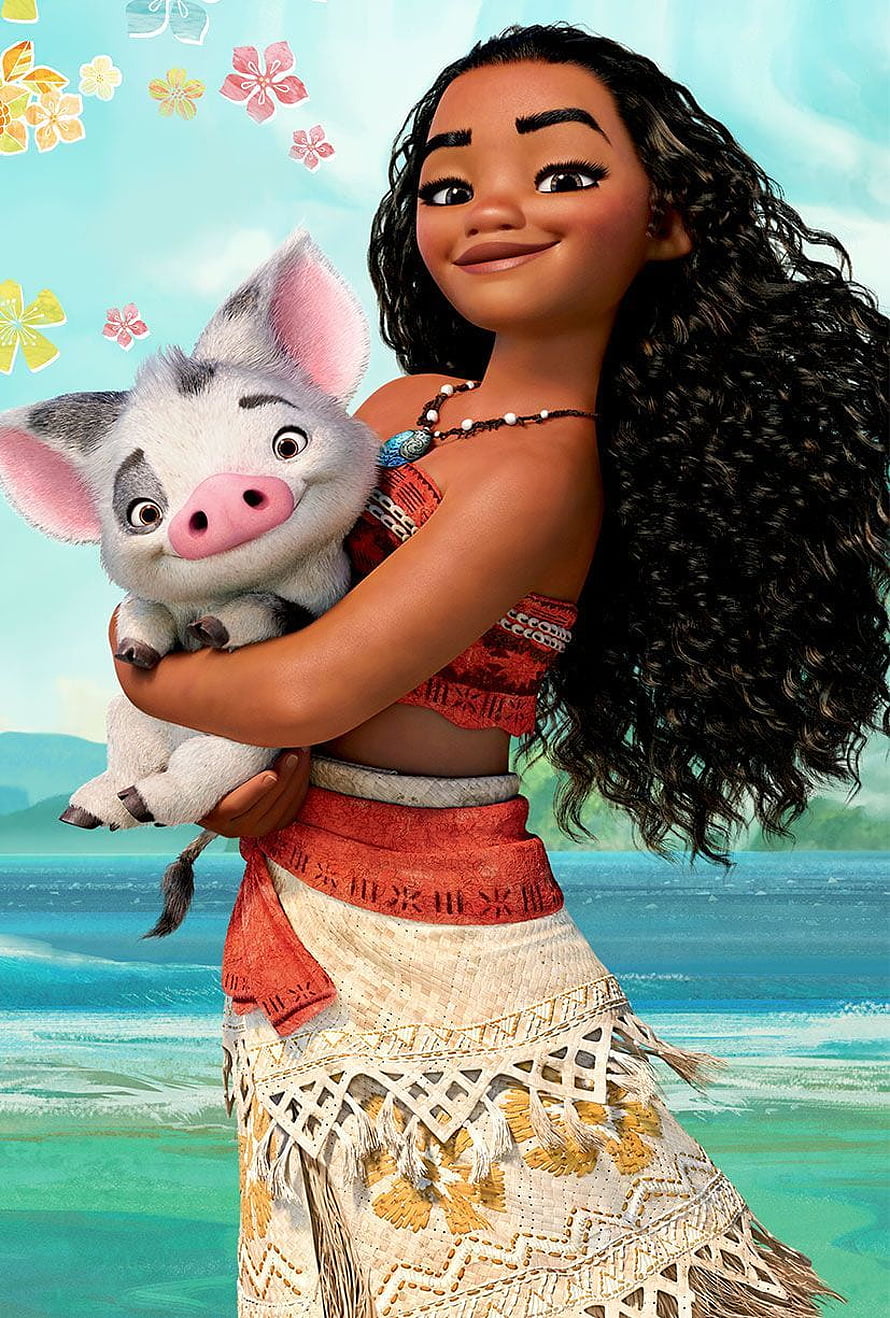 Moana and Pua from Disney's Moana in a tropical ocean setting with hibiscus flowers HD phone wallpaper