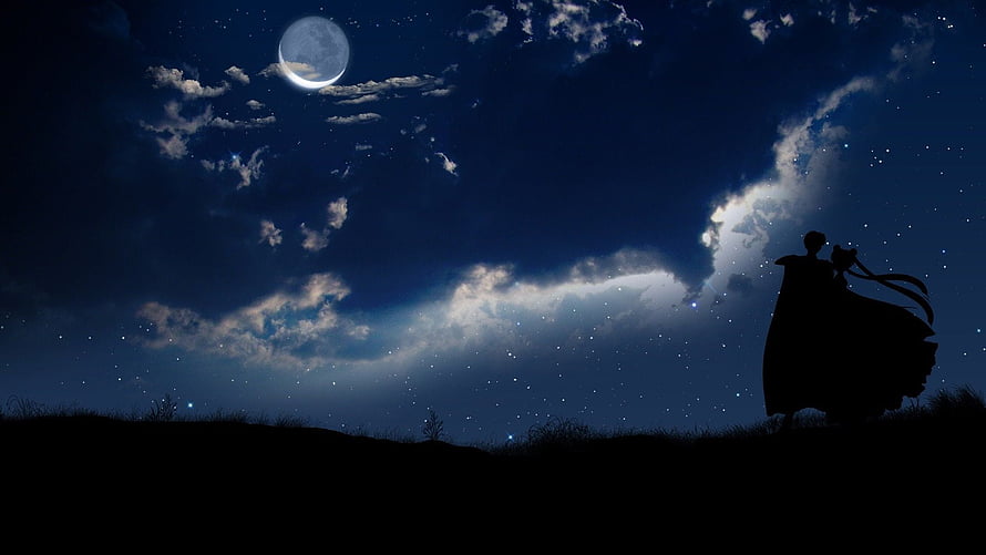 Sailor Moon Silhouette Under a Starry Night Sky with a Glowing Moon HD wallpaper
