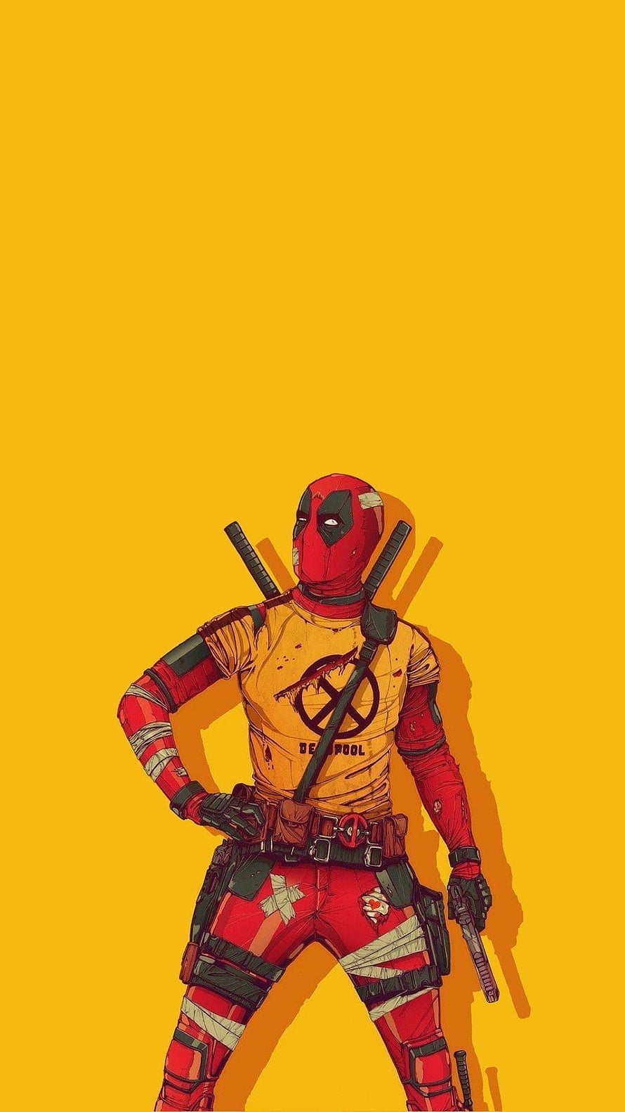 Deadpool in Yellow T-Shirt and Red Suit Standing Against Orange Background HD phone wallpaper