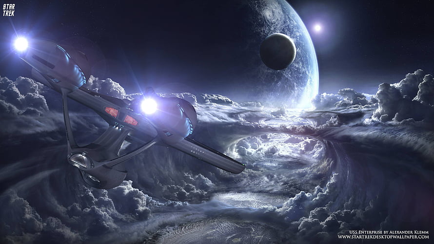 Star Trek USS Enterprise NCC-1701 Flying Above Clouds Near a Distant Planet HD wallpaper