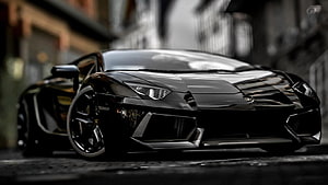 Black Lamborghini Aventador Low Angle Front View on Urban Street HD wallpaper