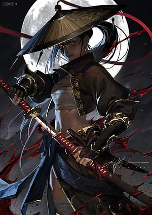 Female Samurai Warrior with Katana and Conical Hat Under Full Moon HD phone wallpaper
