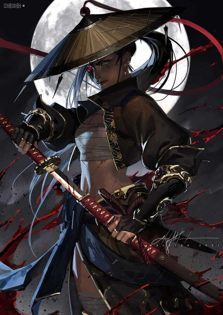 Female Samurai Warrior with Katana and Conical Hat Under Full Moon HD phone wallpaper