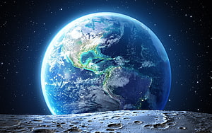 Earth Rising Over the Moon's Cratered Surface in Deep Space HD wallpaper