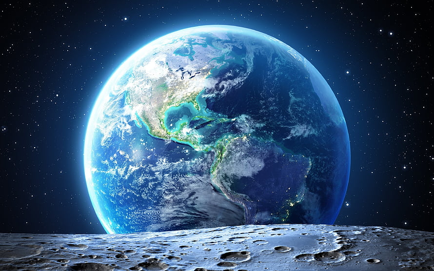 Earth Rising Over the Moon's Cratered Surface in Deep Space HD wallpaper