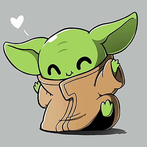 Chibi Baby Yoda in Brown Robe with Closed Eyes and Floating Heart on Gray Background HD phone wallpaper